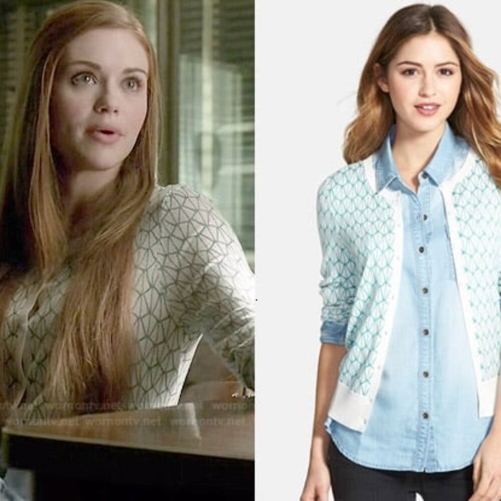 Halogen green and white geometric cardigan ASO Lydia Martin